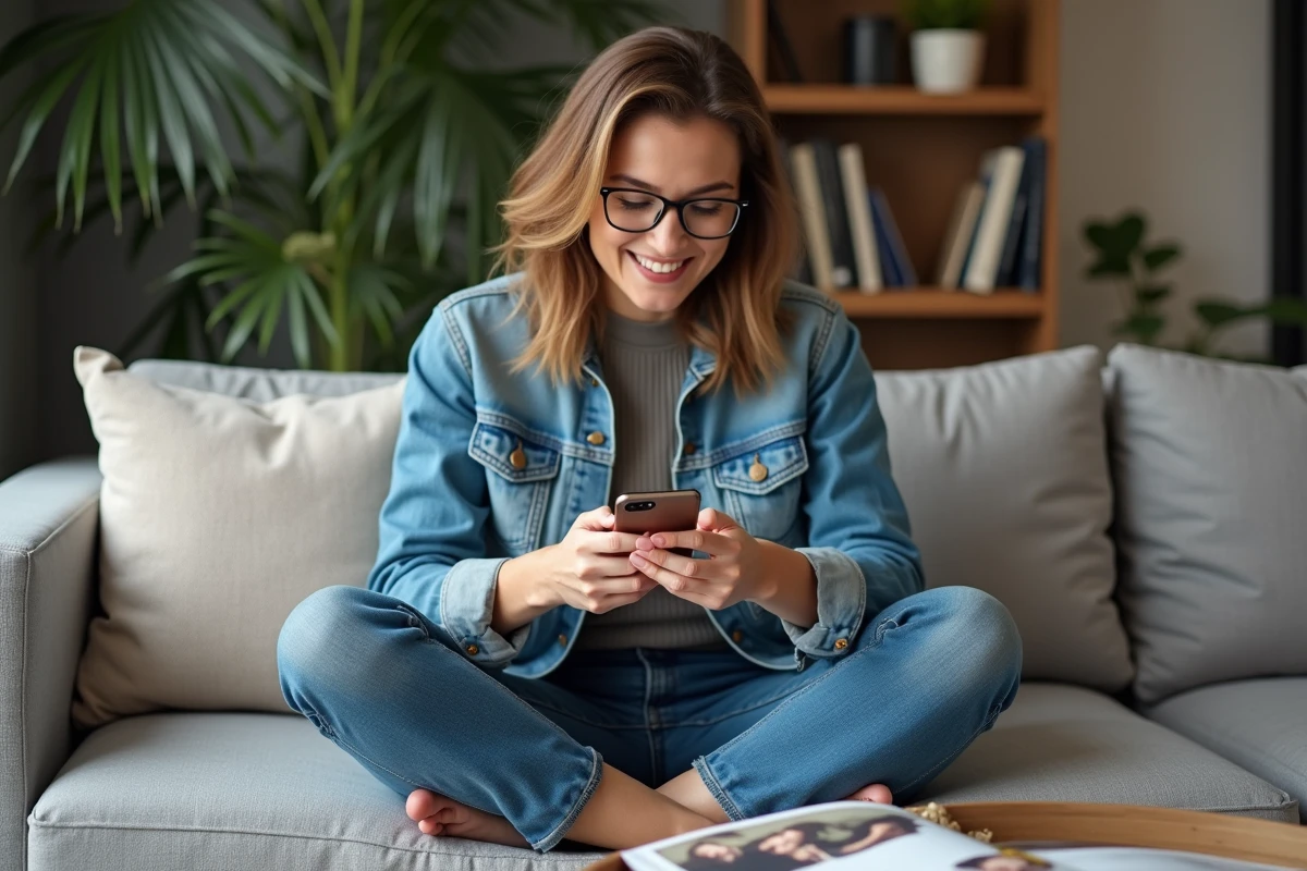Femme en jean regardant son smartphone dans le salon