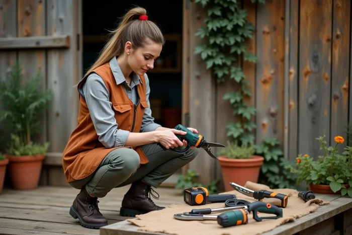Femme examinant une élagueuse électrique sans fil parmi plusieurs outils de jardinage posés sur un établi rustique