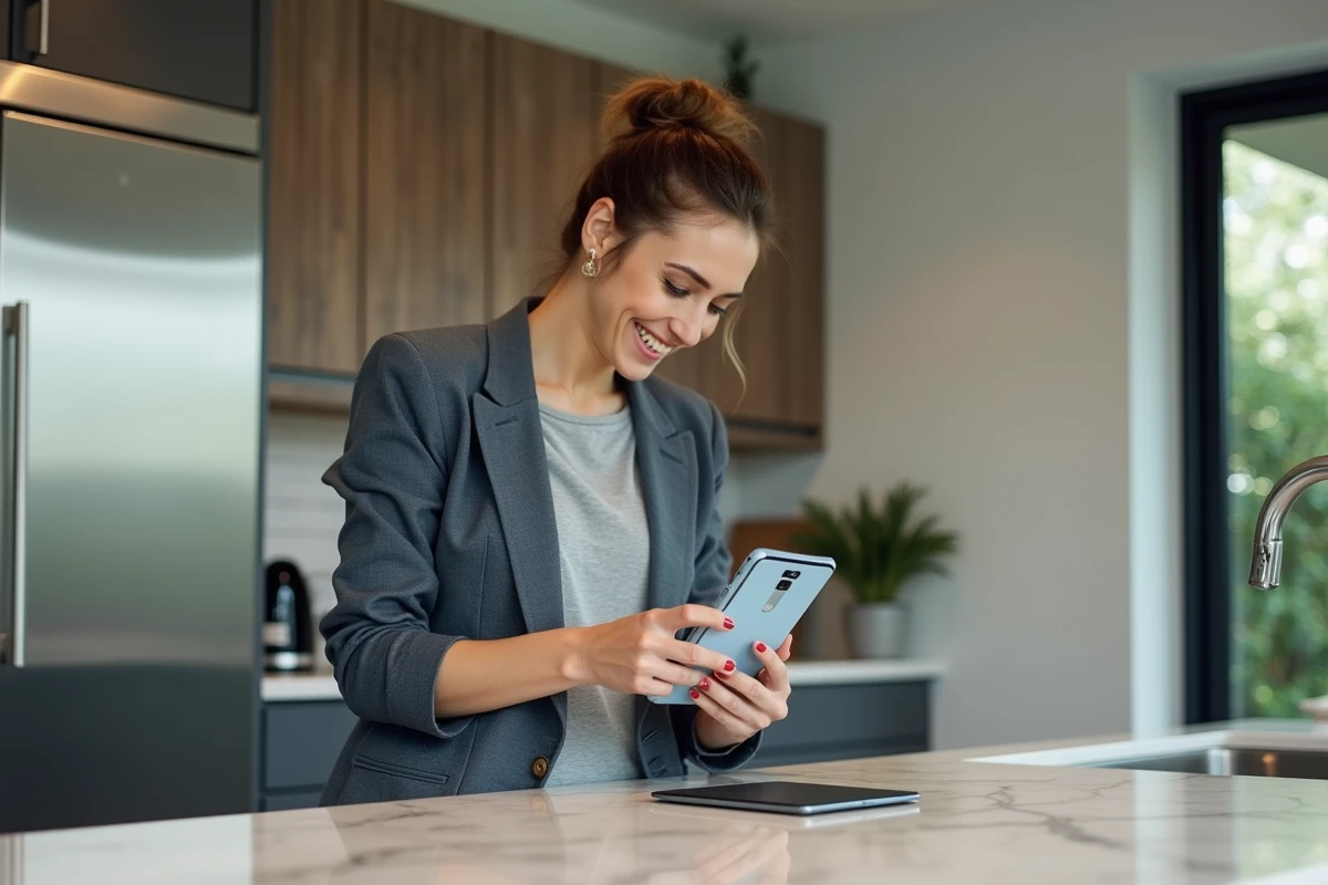Femme déballant un smartphone dans une cuisine lumineuse