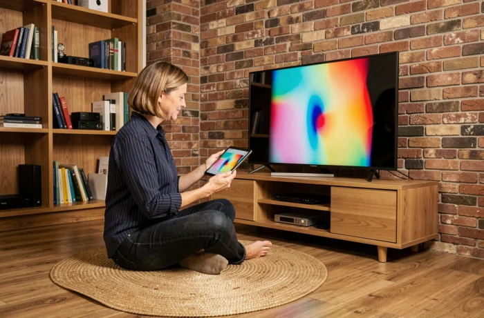 Femme comparant l'affichage d'une tablette avec l'écran défectueux d'un téléviseur Samsung