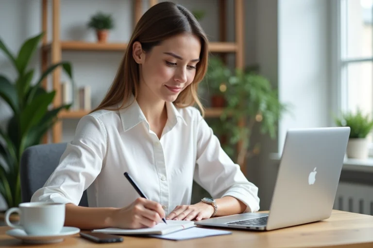 Femme entrepreneur en formation digitale en ligne sur son ordinateur portable dans un bureau à domicile moderne