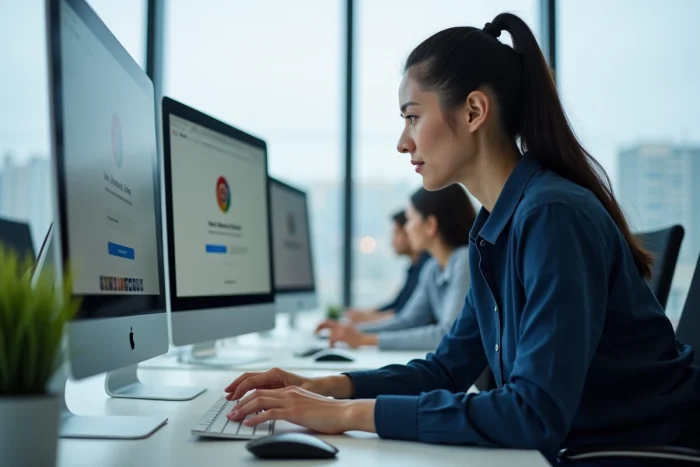 Femme en bureau open space observant une erreur de plantage sur Google Chrome sur un écran d'ordinateur