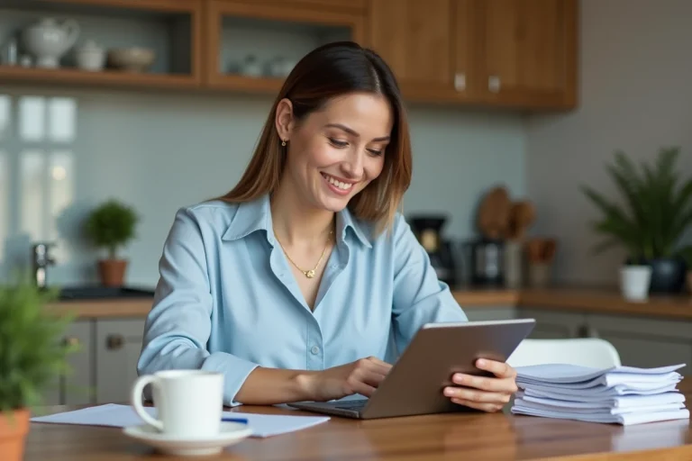 Femme souriante vérifiant ses finances sur une tablette à la maison
