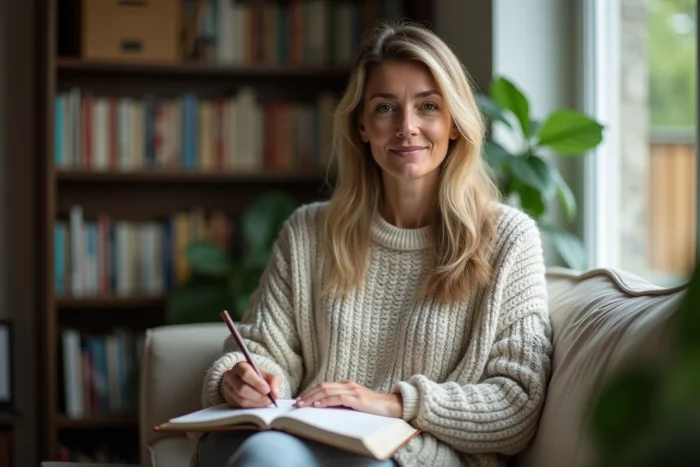 Femme en intérieur lisant dans un salon cosy et lumineux