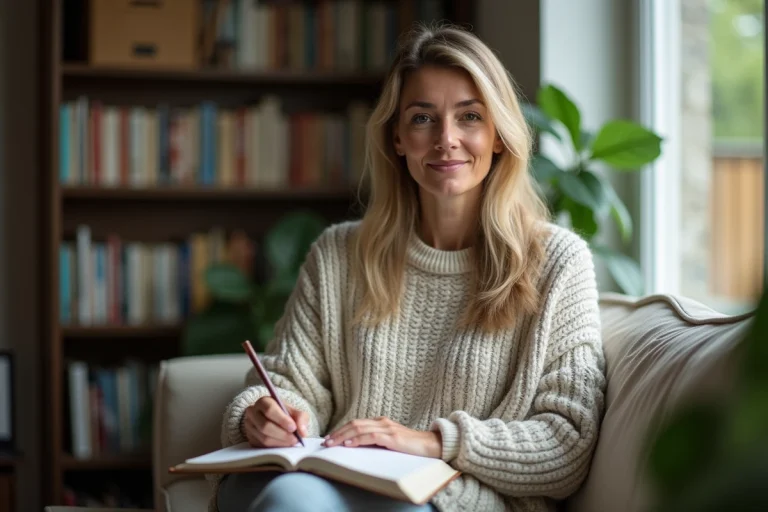 Femme en intérieur lisant dans un salon cosy et lumineux