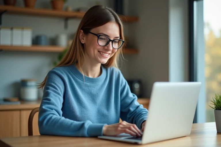 Femme souriante utilisant un ordinateur portable dans une cuisine lumineuse