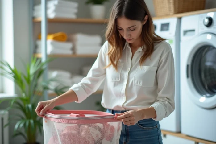 Femme rangeant un sac tissu dans un sac à linge moderne
