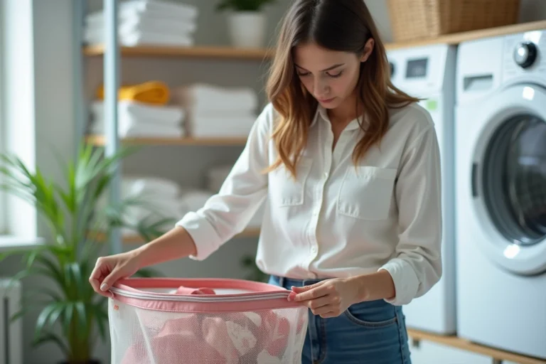Femme rangeant un sac tissu dans un sac à linge moderne