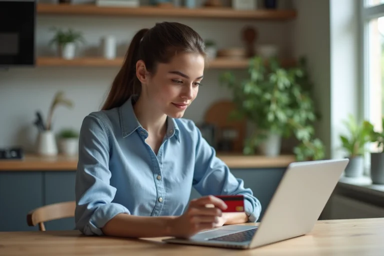 Jeune femme concentrée avec ordinateur et carte de crédit