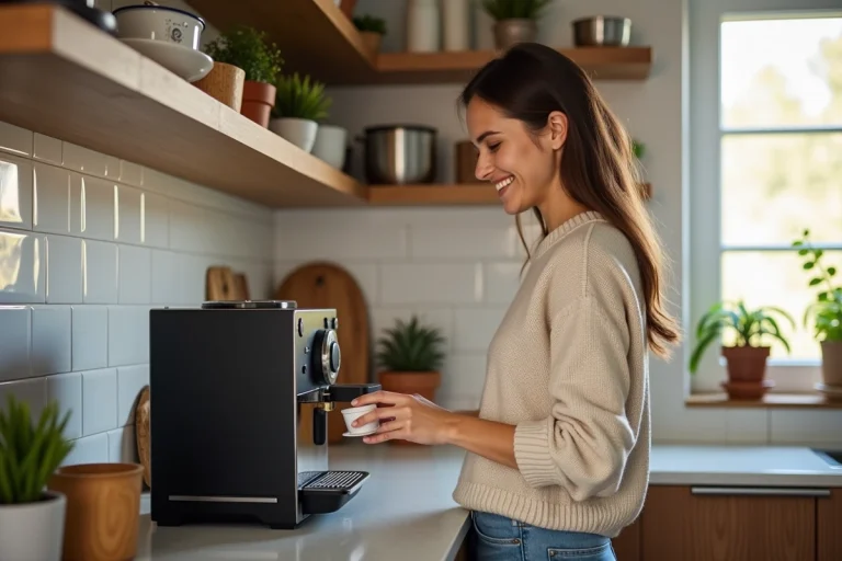 Femme en cuisine préparant un café avec machine espresso
