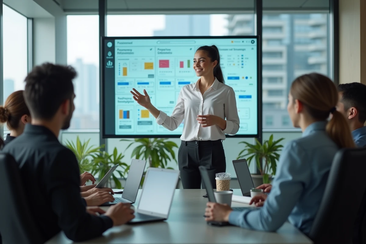 Femme en présentation devant un tableau interactif en réunion