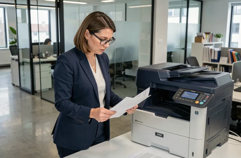 Femme professionnelle analysant des documents imprimés à côté d'une imprimante multifonction dans un bureau moderne