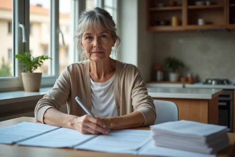 Femme d'âge moyen remplissant des formulaires dans une cuisine moderne
