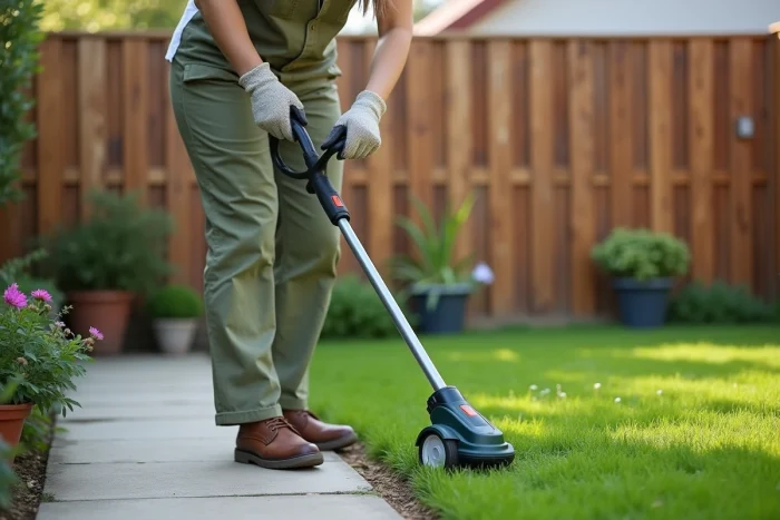 Femme utilisant un rotofil électrique pour border une pelouse de jardin résidentiel