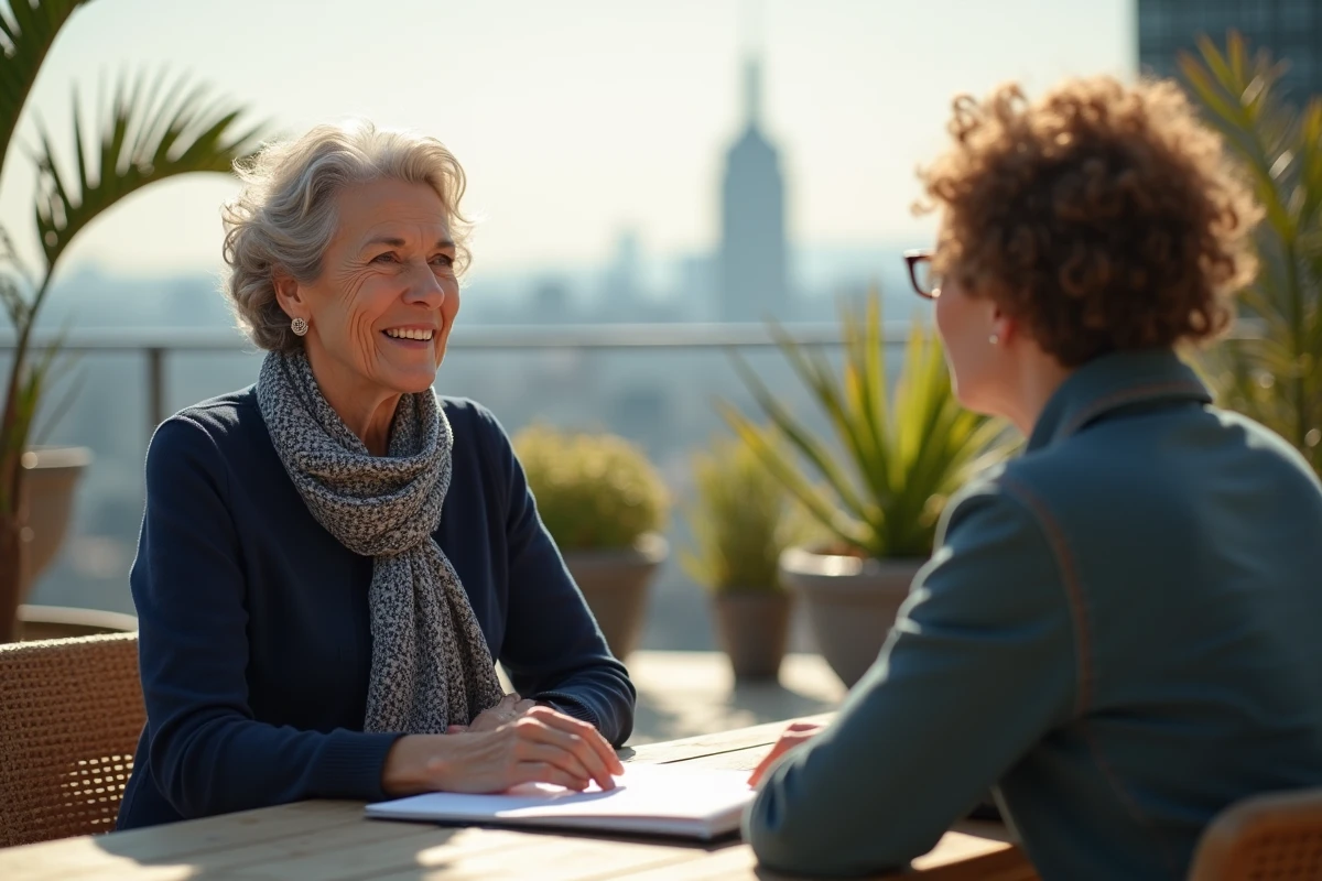 Femme senior en mentorat avec jeune collègue en terrasse