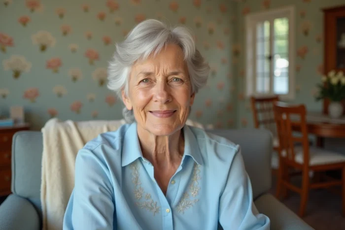 Femme de 70 ans souriante dans un salon lumineux