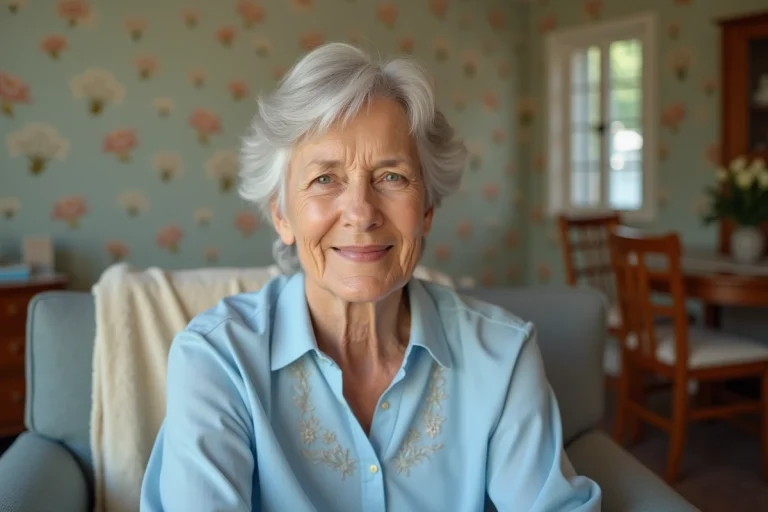Femme de 70 ans souriante dans un salon lumineux