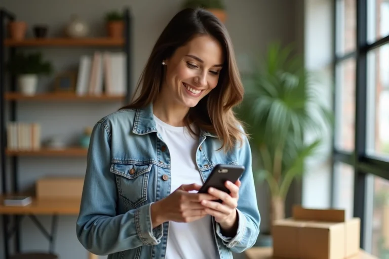 Femme souriante vérifiant une livraison à domicile