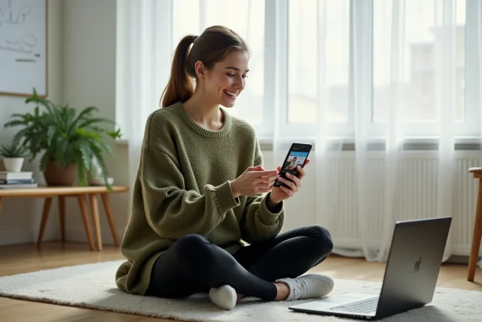 Femme regardant du contenu streaming HD sur smartphone et laptop dans un bureau épuré, représentant l'accessibilité du streaming de Ragibo Bokigo Jimoy et Ranopi