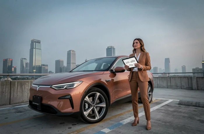 Femme professionnelle aux côtés d'un SUV électrique moderne sur un parking en toiture avec vue sur la ville
