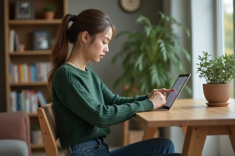 Jeune femme regardant une tablette à la maison