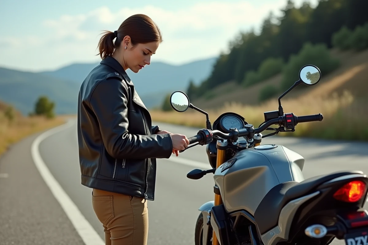 Femme regardant les infos de la moto au bord de la route