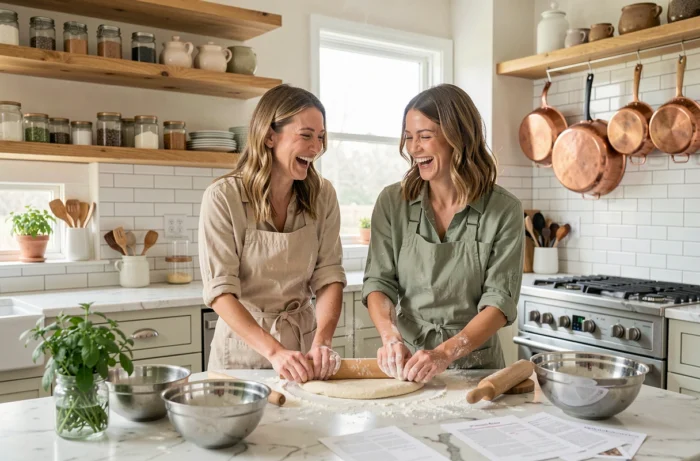 Deux femmes cuisinant ensemble dans une cuisine moderne, partageant un moment de plaisir et de créativité culinaire