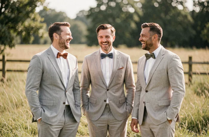 Trois garçons d'honneur en costume de lin avec nœuds papillon assortis dans une prairie pour un mariage champêtre en France