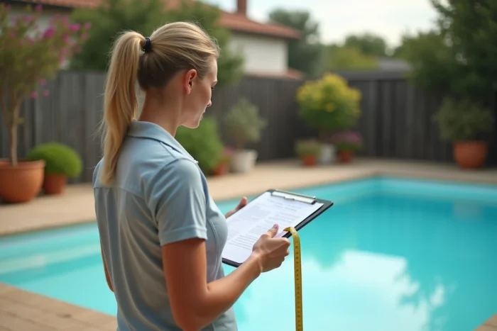 Géomètre mesurant une piscine enterrée pour évaluation fiscale cadastrale dans un jardin résidentiel