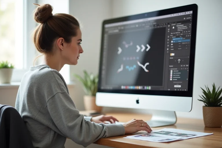 Graphiste utilisant Adobe InDesign sur un iMac pour créer des flèches vectorielles dans un studio à domicile moderne