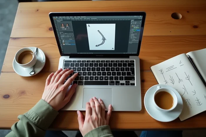 Gros plan de mains éditant une flèche courbe dans le panneau Trait d'Adobe InDesign sur MacBook Pro dans un café