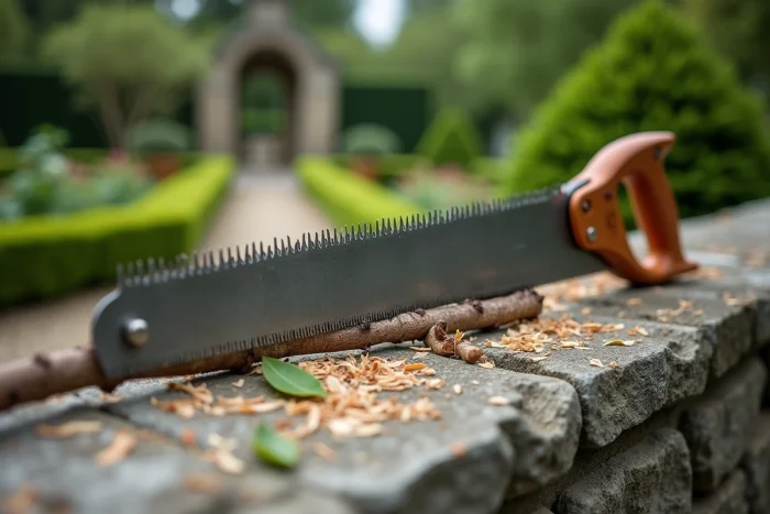 Gros plan d'une scie élagueuse professionnelle posée sur un muret en pierre entourée de branches fraîchement coupées dans un jardin à la française