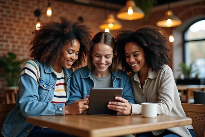 Groupe de jeunes entrepreneurs discutant d'un programme de formation en ligne autour d'une tablette dans un café