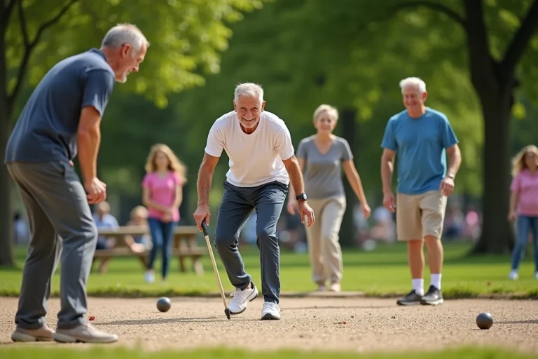 Groupe divers de personnes jouant à la pétanque dans un parc ensoleille