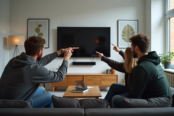 Groupe de jeunes adultes réunis autour d'une smart TV pour regarder du streaming HD, évoquant la popularité croissante des créateurs Ragibo et Ranopi