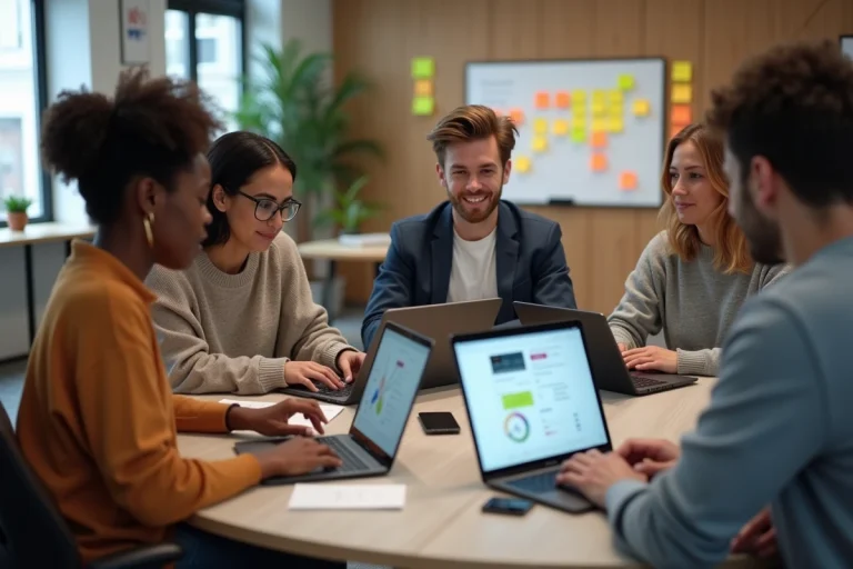 Groupe de jeunes adultes collaborant autour d'une table de travail