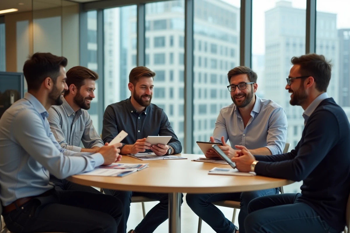 Groupe d hommes en coworking discute autour de table avec tablettes