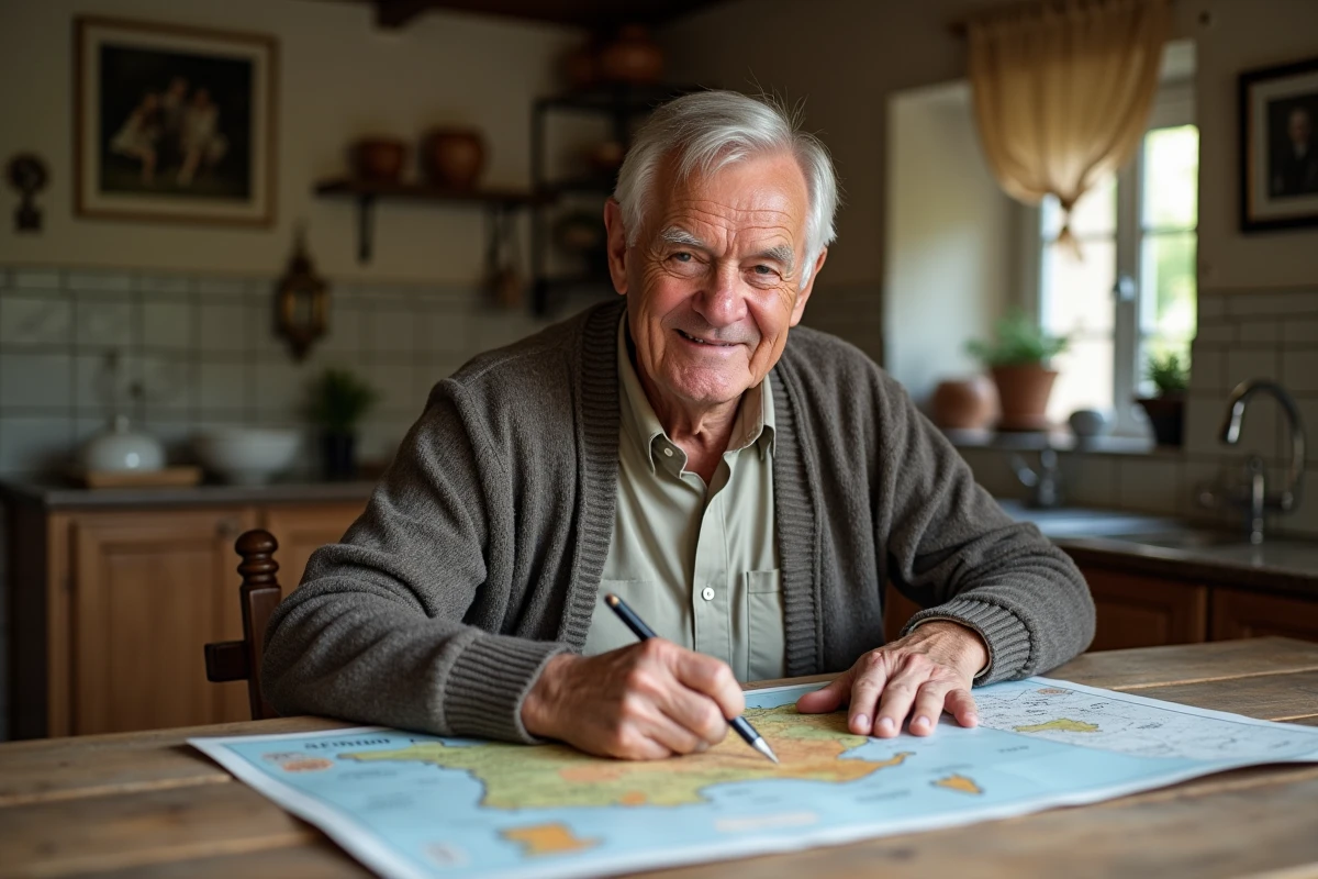 Homme âgé trace régions de France sur carte en cuisine
