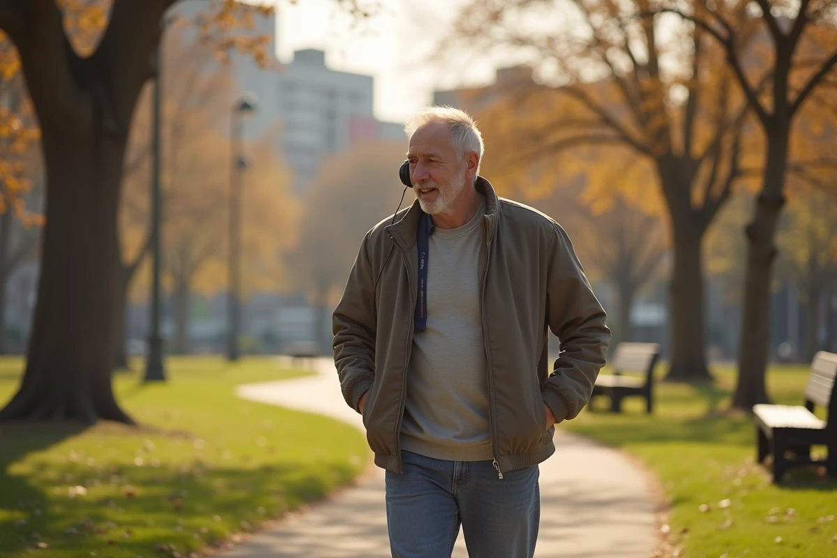Homme marche dans un parc urbain en écoutant de la musique