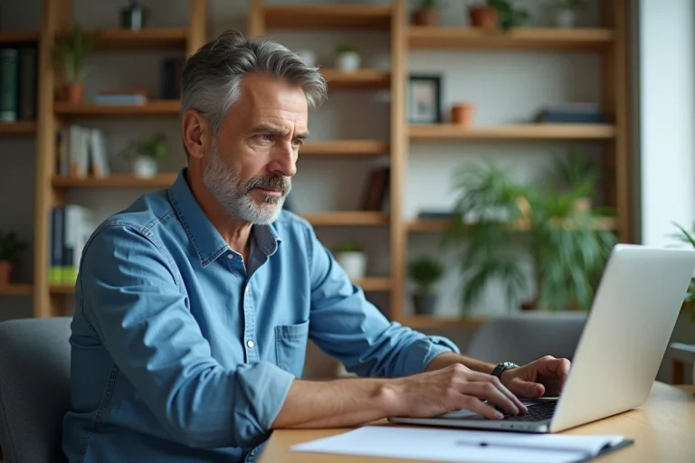 Homme en bureau moderne consulte ressources santé sur son ordinateur