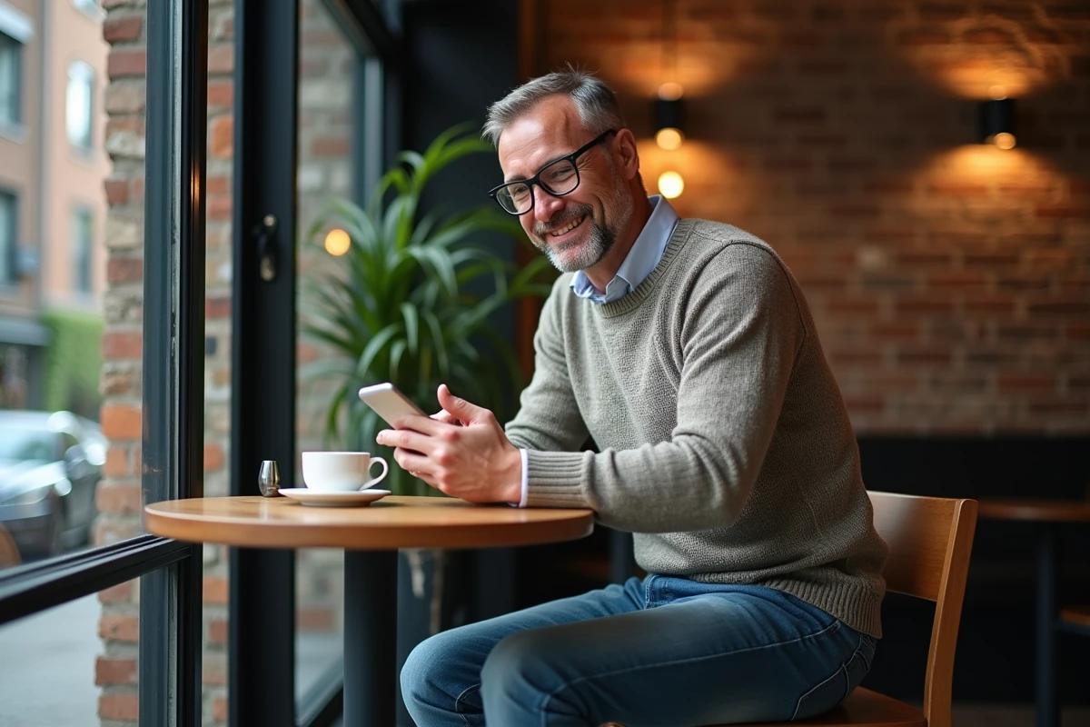 Homme détendu dans un café regardant son smartphone