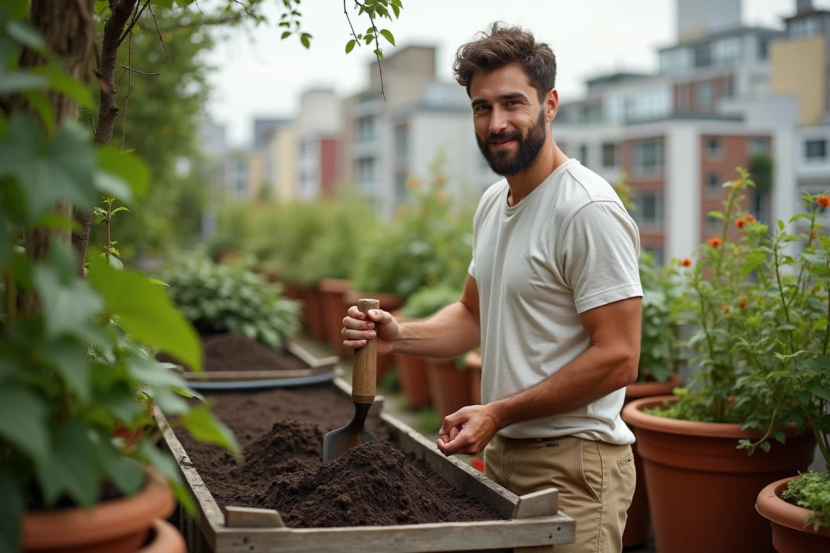 Jeune homme tournant du compost sur un balcon urbain