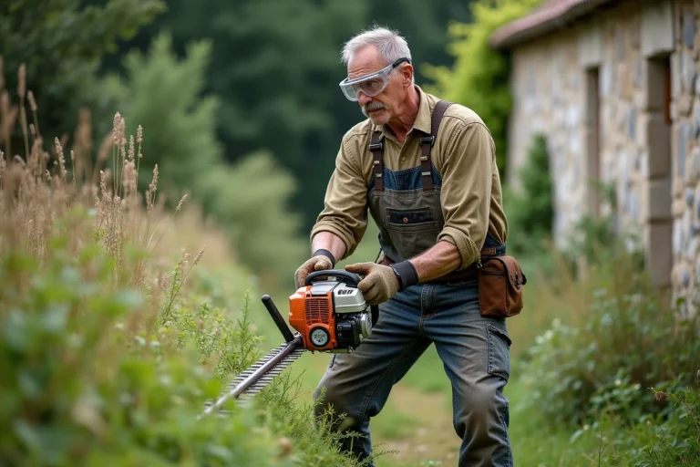 Homme utilisant une débroussailleuse thermique professionnelle pour entretenir les bordures d'un jardin rural