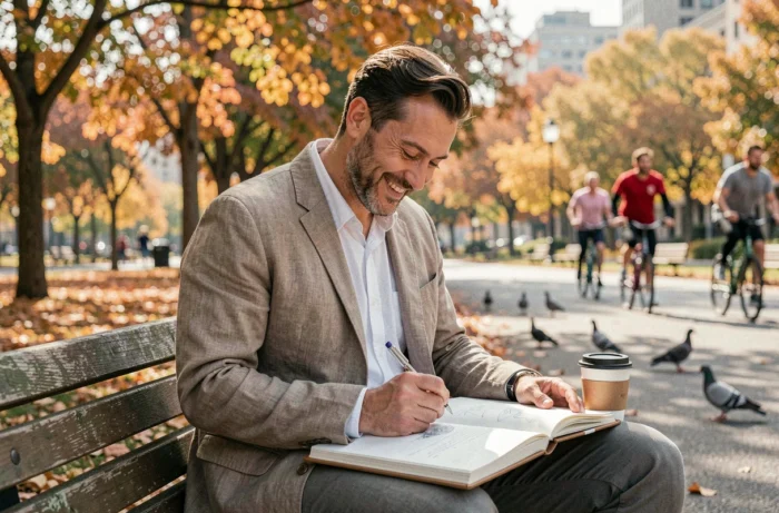 Homme dessinant dans un carnet dans un parc urbain en automne, activité créative de loisir au quotidien