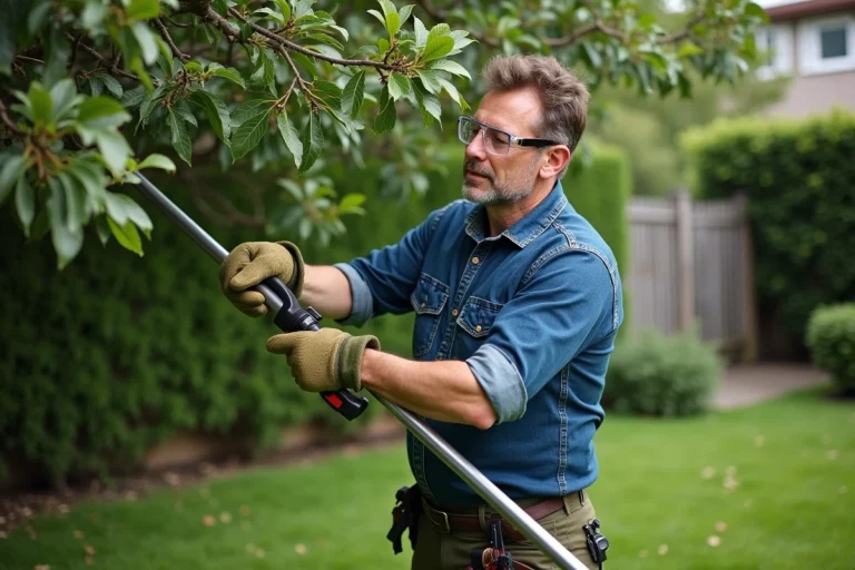 Homme utilisant une élagueuse à perche pour tailler les branches d'un pommier dans un jardin verdoyant