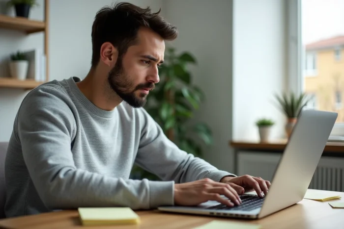Homme frustré devant un ordinateur portable affichant une erreur de crash Google Chrome dans un bureau à domicile