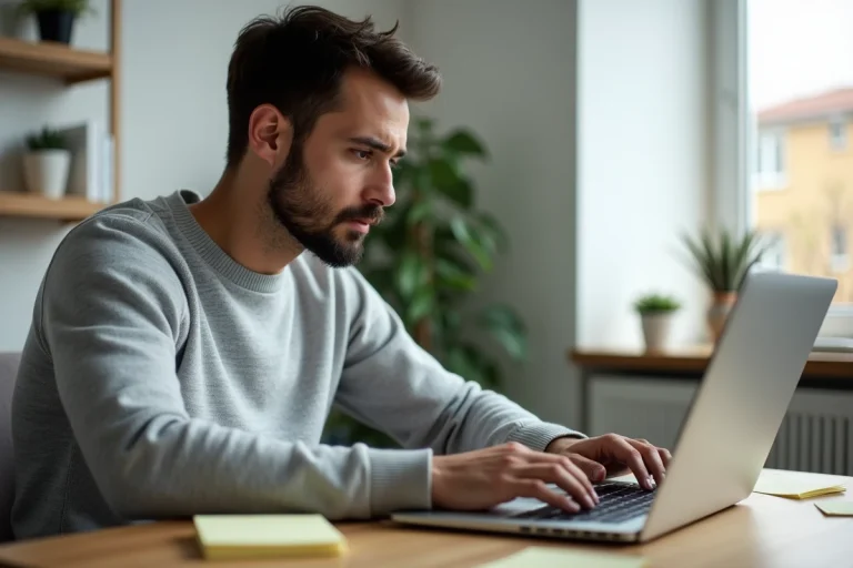 Homme frustré devant un ordinateur portable affichant une erreur de crash Google Chrome dans un bureau à domicile