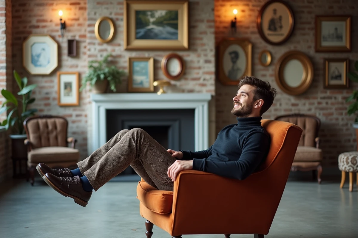 Jeune homme relaxant dans un loft avec décoration éclectique