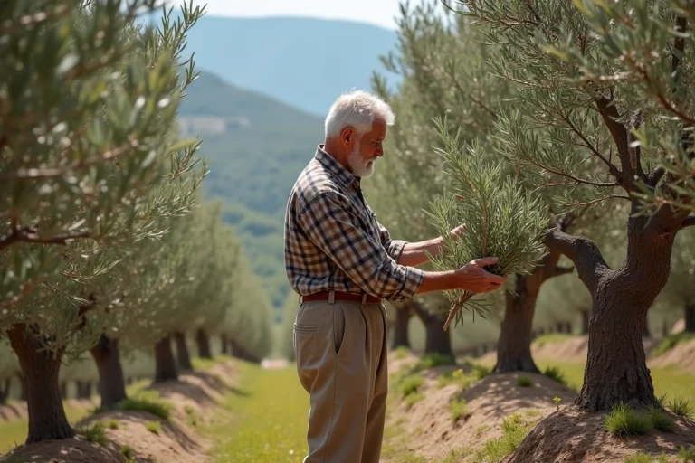 Homme Corse récoltant des olives dans un verger ancien
