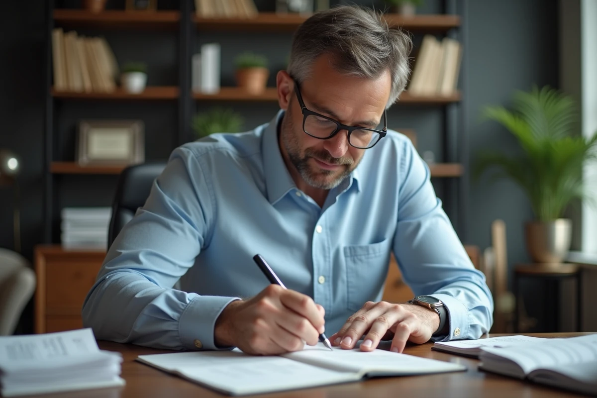 Homme organisé classant des reçus dans un bureau à domicile
